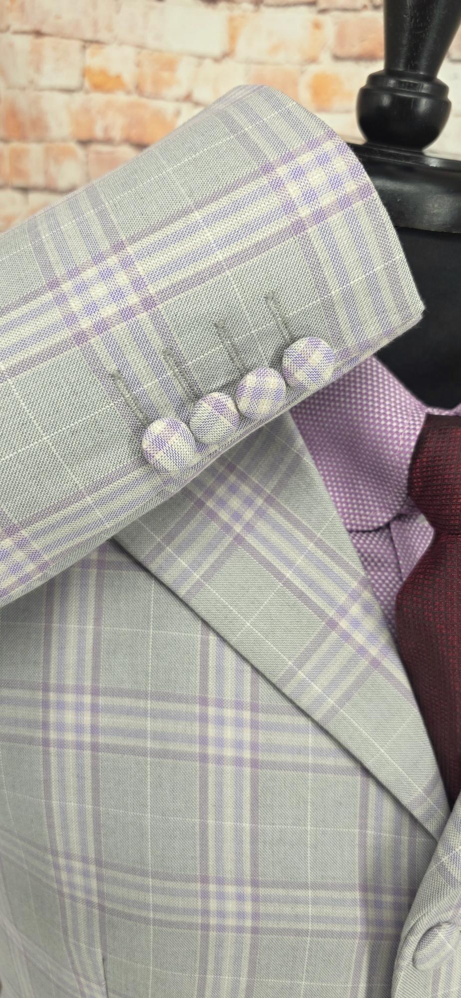 Larkin men's Mod overcoat in grey lavender check cuff detail