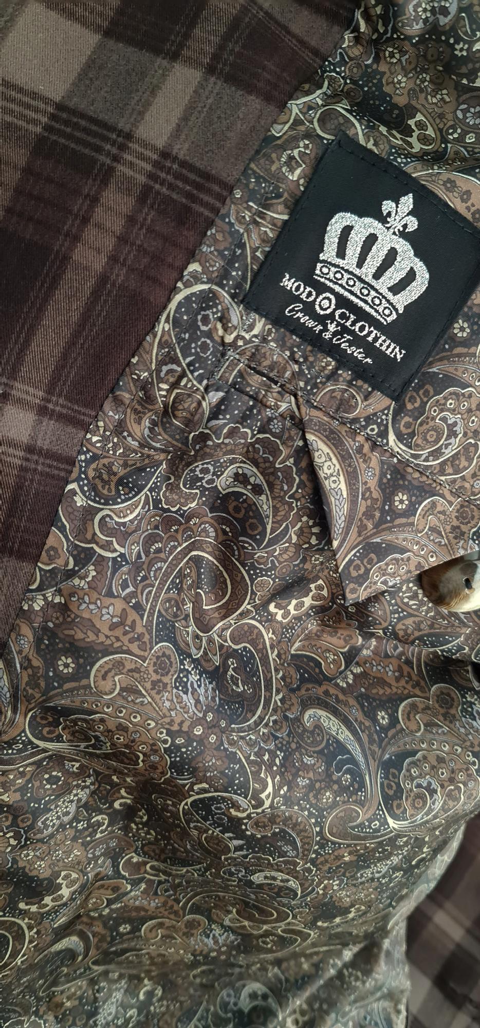 Miller men's Mod brown check overcoat inside detail