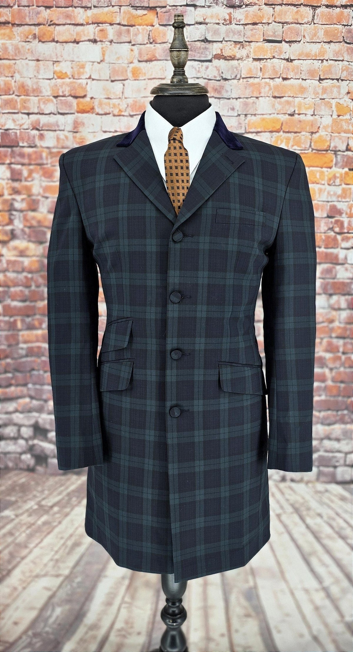 Munro men's Mod Black Watch tartan overcoat with navy velvet collar