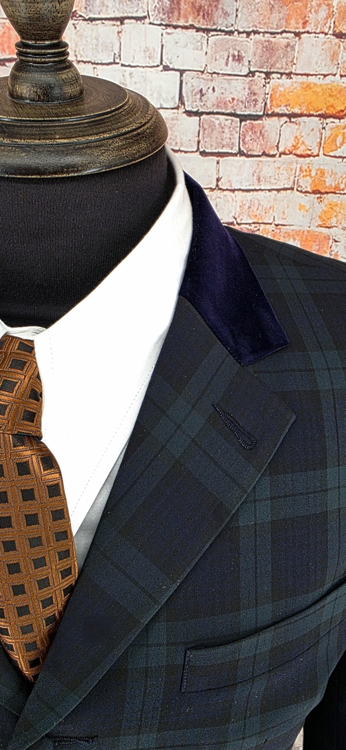 Munro men's Mod Black Watch tartan overcoat collar detail