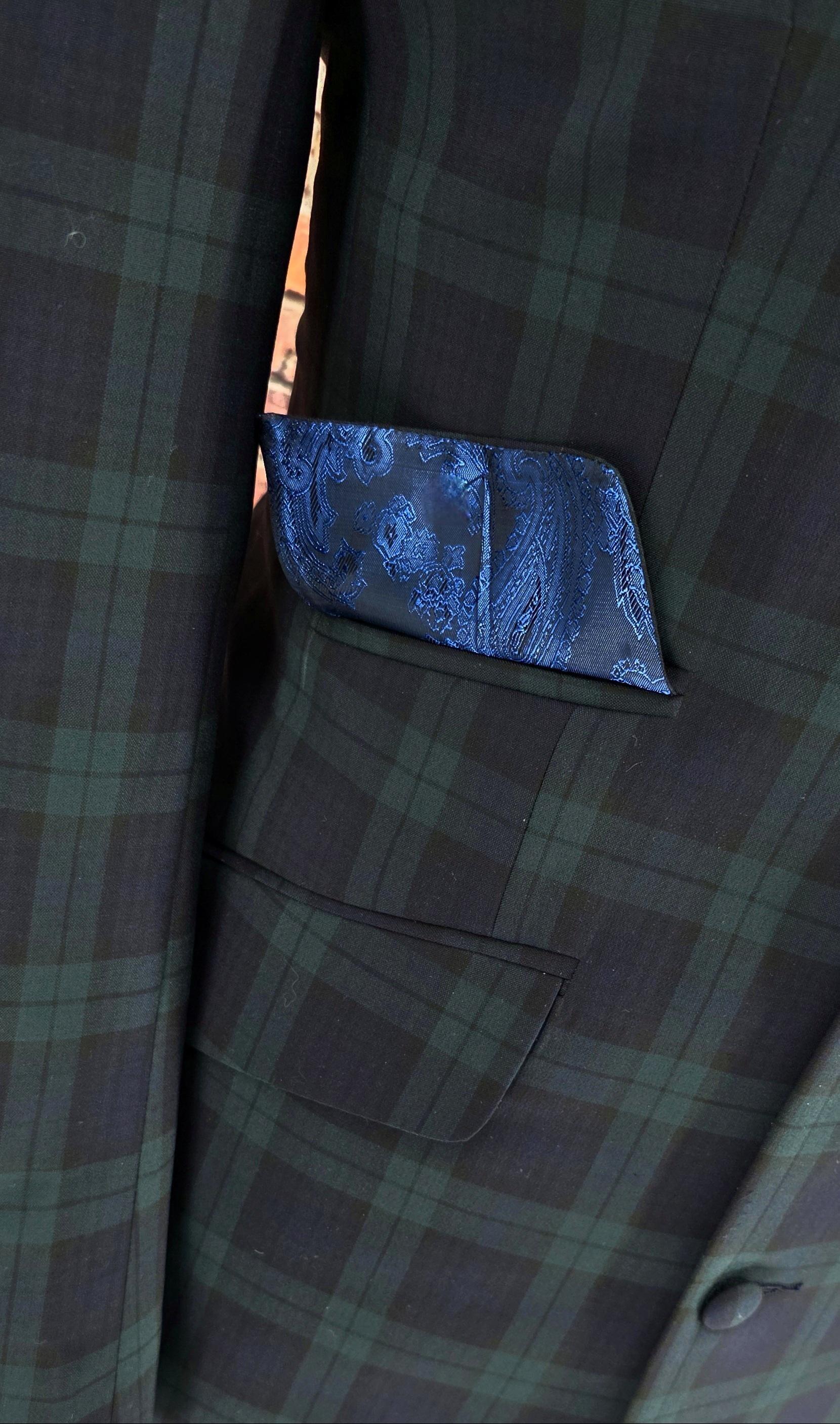 Munro men's Mod Black Watch tartan overcoat pocket detail