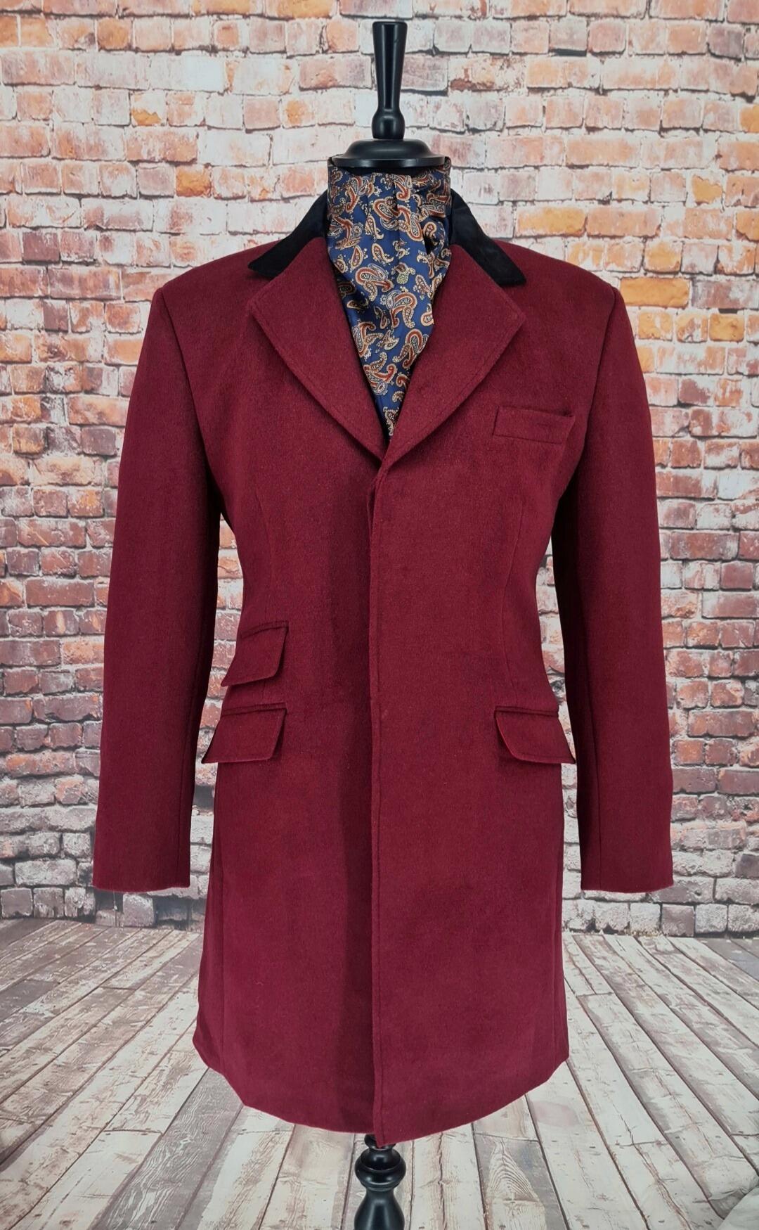 Wilsden men's Mod maroon overcoat with black velvet collar