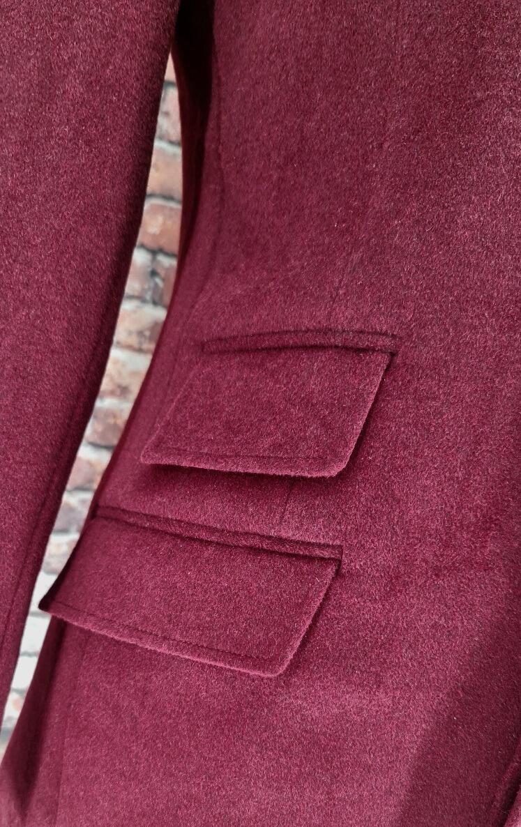 Wilsden men's Mod maroon overcoat with black velvet collar pocket detail