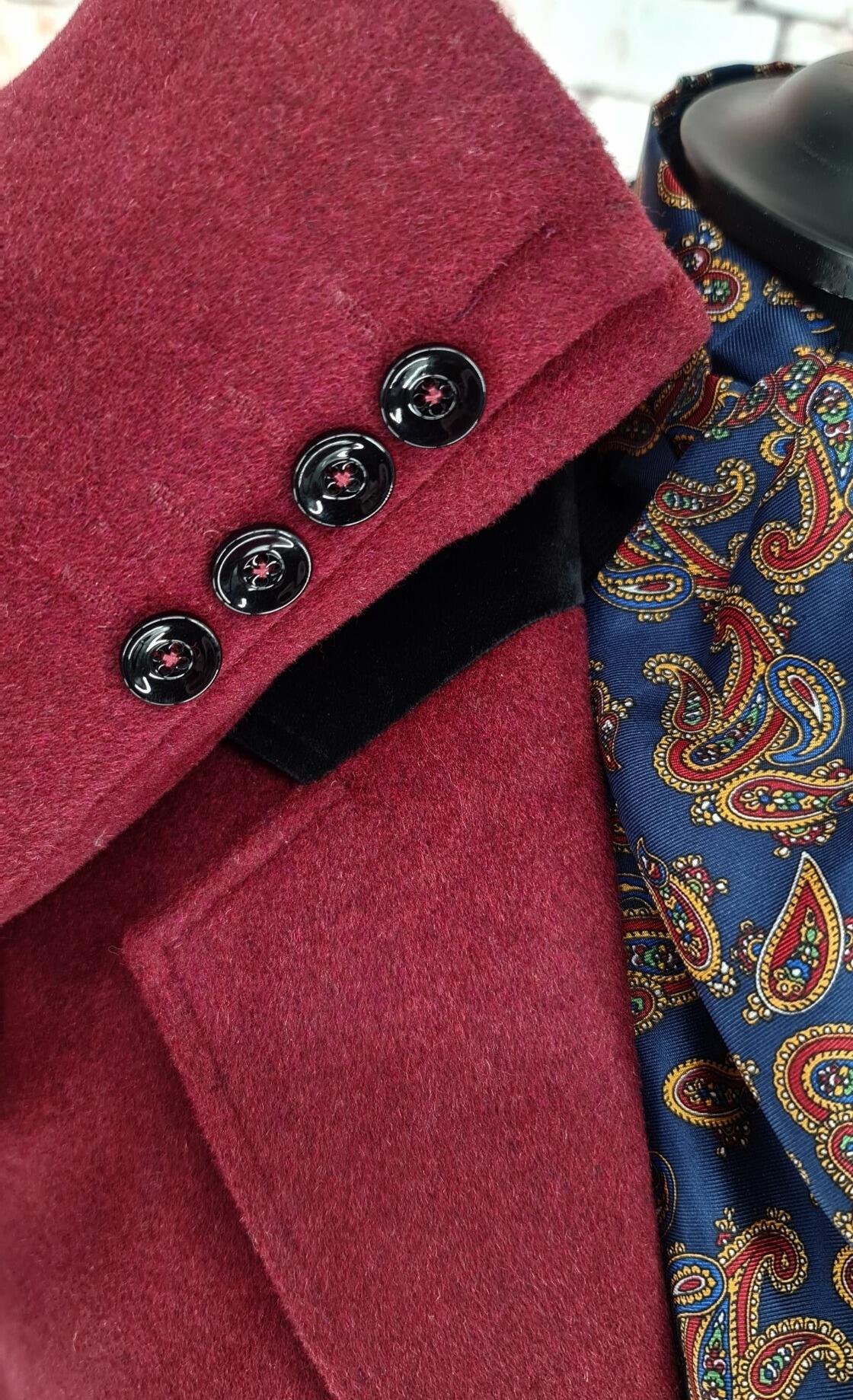 Wilsden men's Mod maroon overcoat with black velvet collar cuff detail