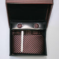 Black Red Cream Striped Tie, Cuff Link & Pocket Square Set