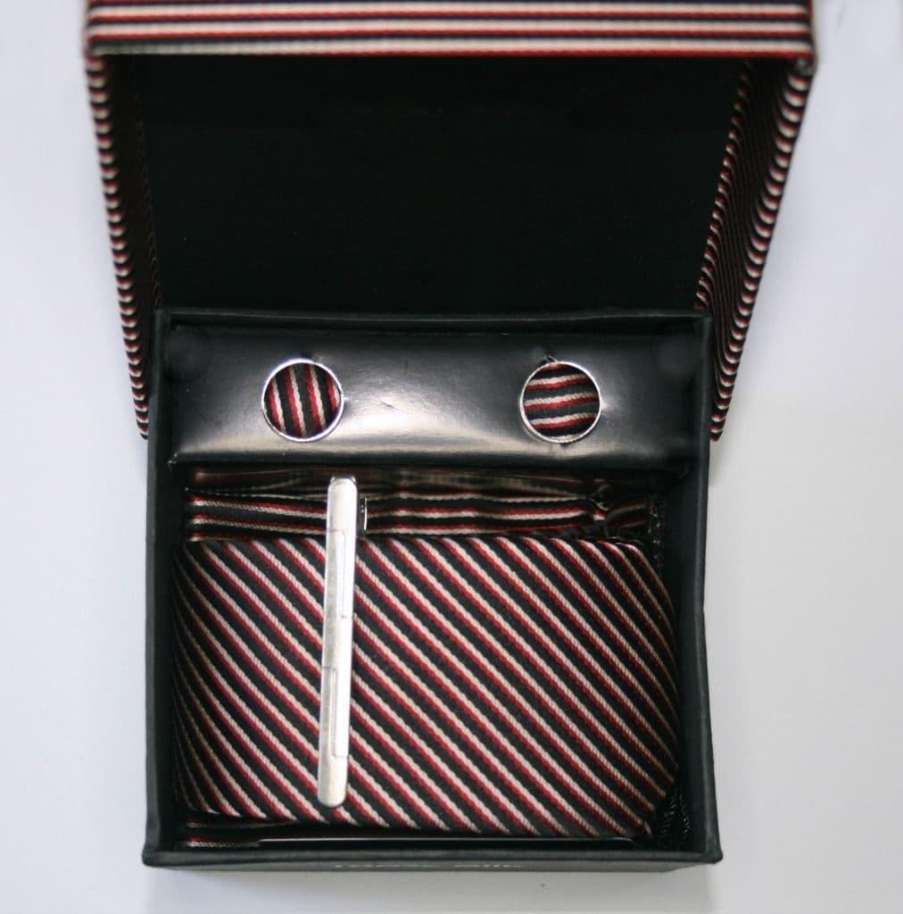 Black Red Cream Striped Tie, Cuff Link & Pocket Square Set