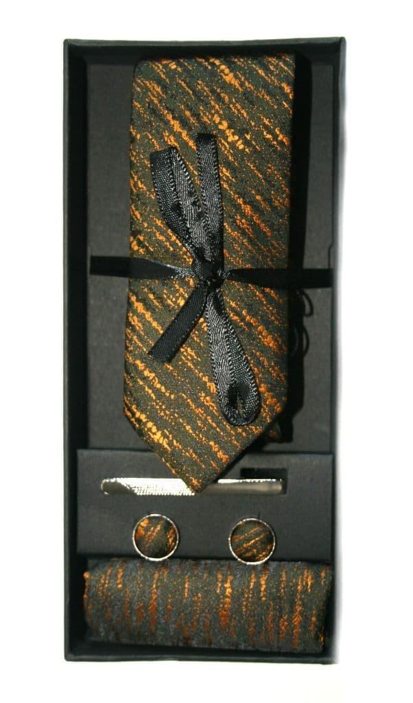 Bronze & Black Embossed Print Tie, Cuff Link & Pocket Square Set