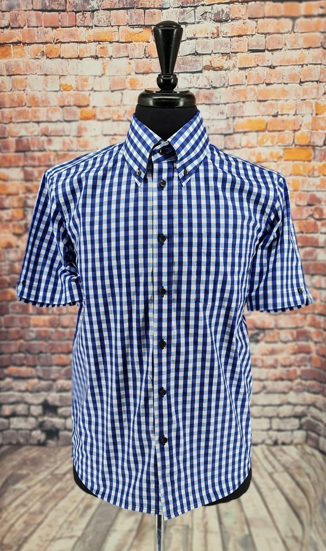 "Buster"  Navy & White Short Sleeve Gingham Shirt