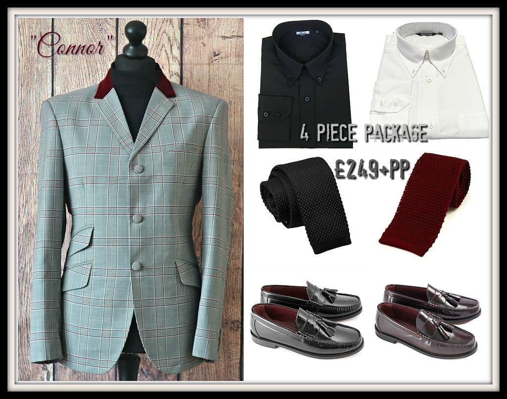 CONNOR STUNNING 100% WOOL POW CHERRY RED VELVET COLLAR 3 BUTTON SUIT PACKAGE