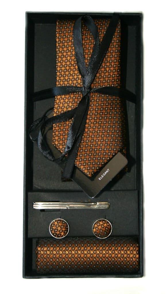 Copper& Black Embossed Print Tie, Cuff Link & Pocket Square Set