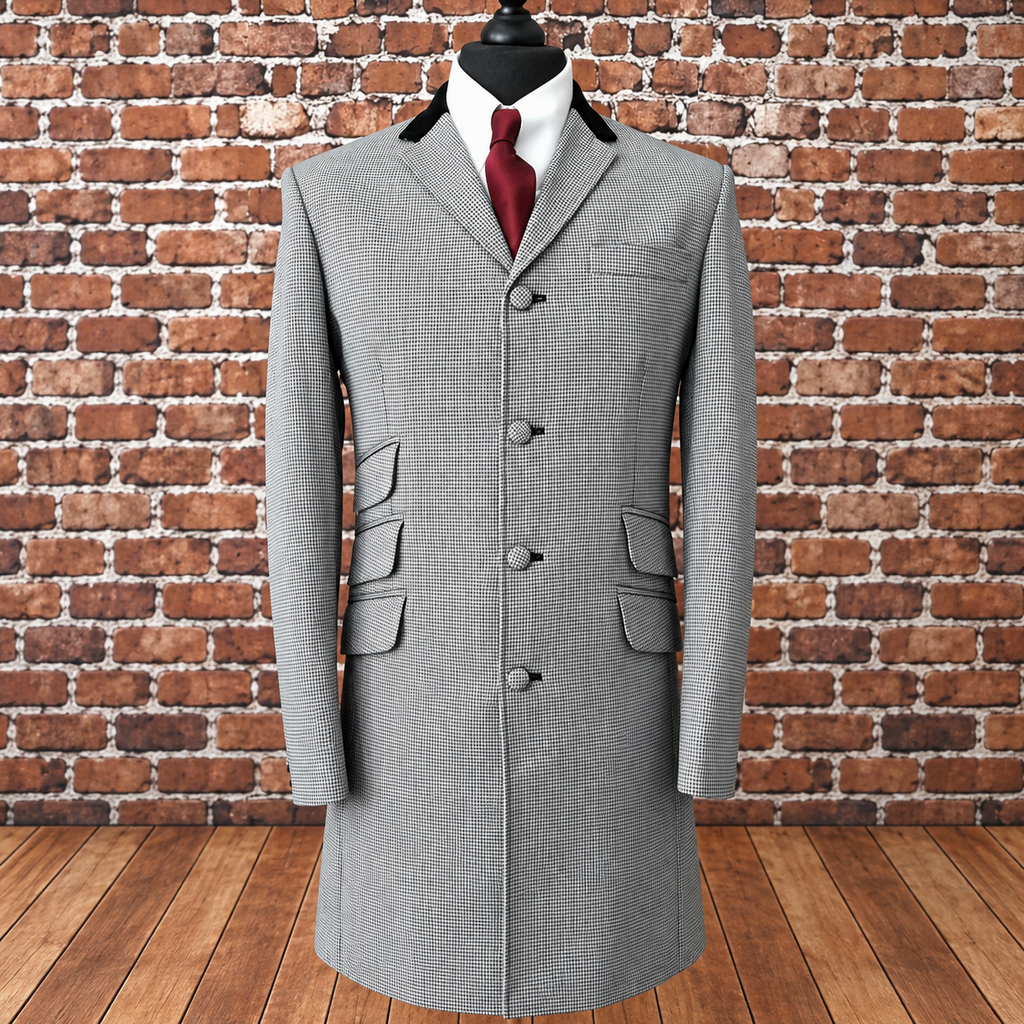 Jepson - Velvet Collared Black & White Dogtooth 3/4 Length Coat