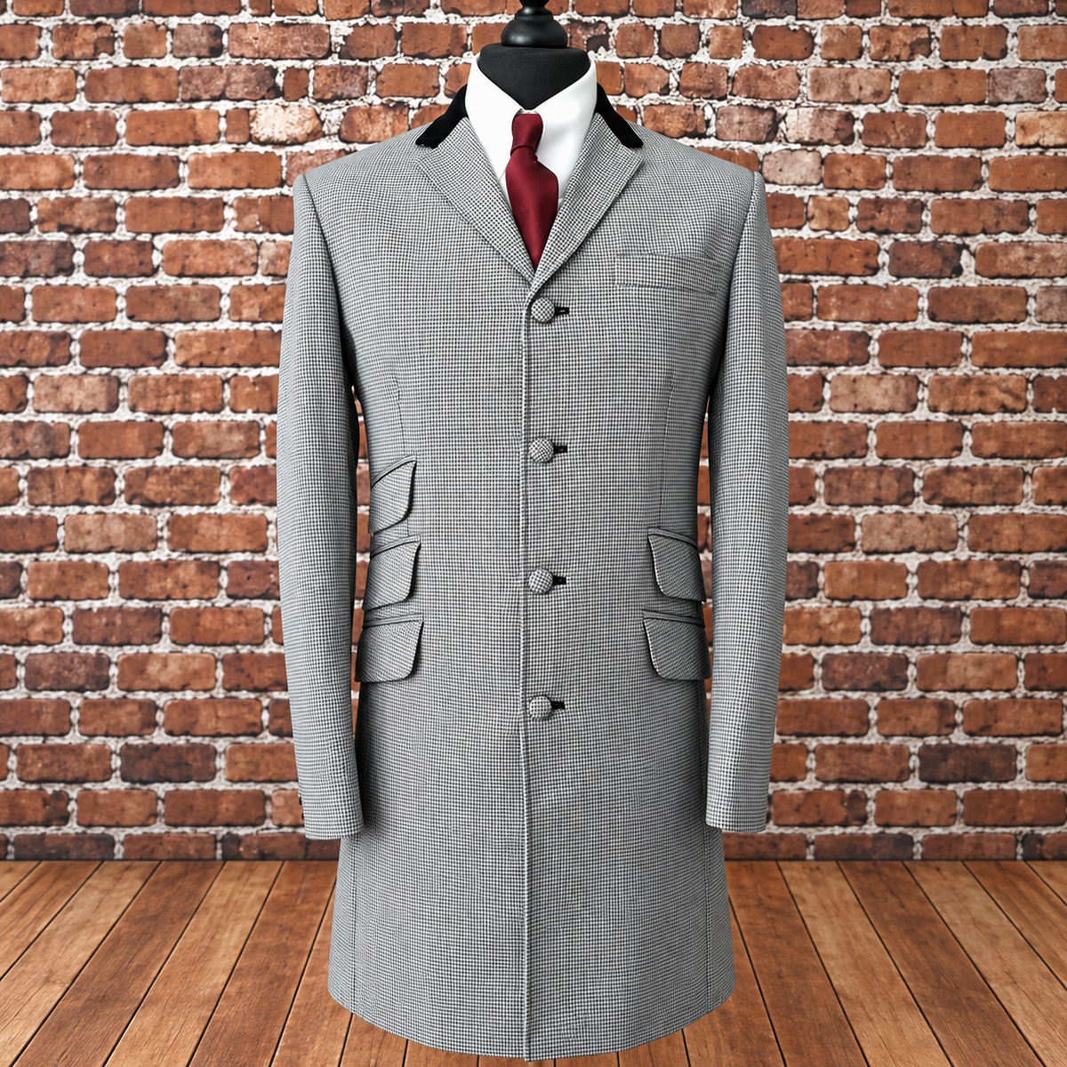 Jepson - Velvet Collared Black & White Dogtooth 3/4 Length Coat