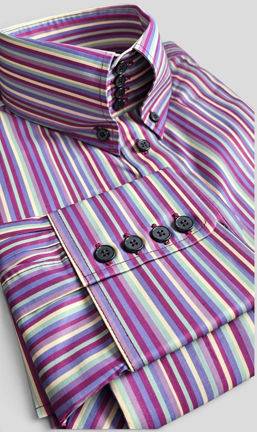 Milo vibrant multi-stripe shirt showing button-down collar and triple-button barrel cuff detail