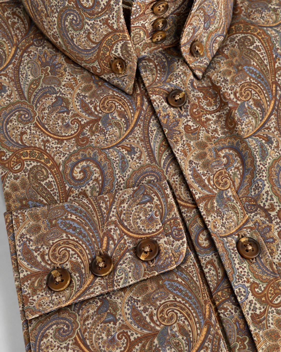 Close-up of Staith brown paisley shirt collar and button cuffs