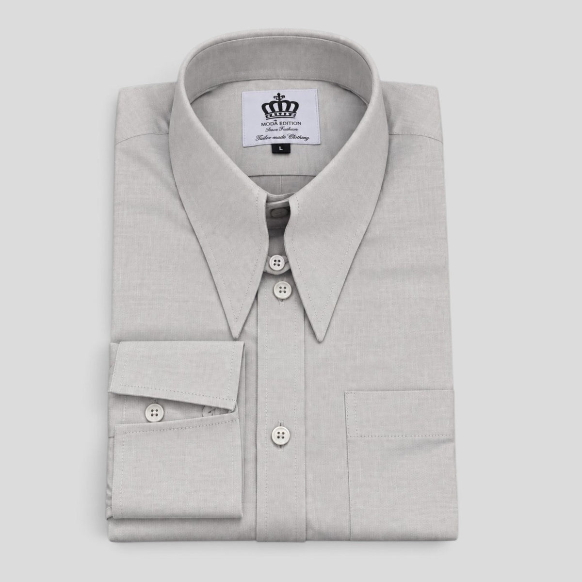 Bailey silver grey spearpoint collar shirt — folded front view showing spearpoint collar and chest pocket