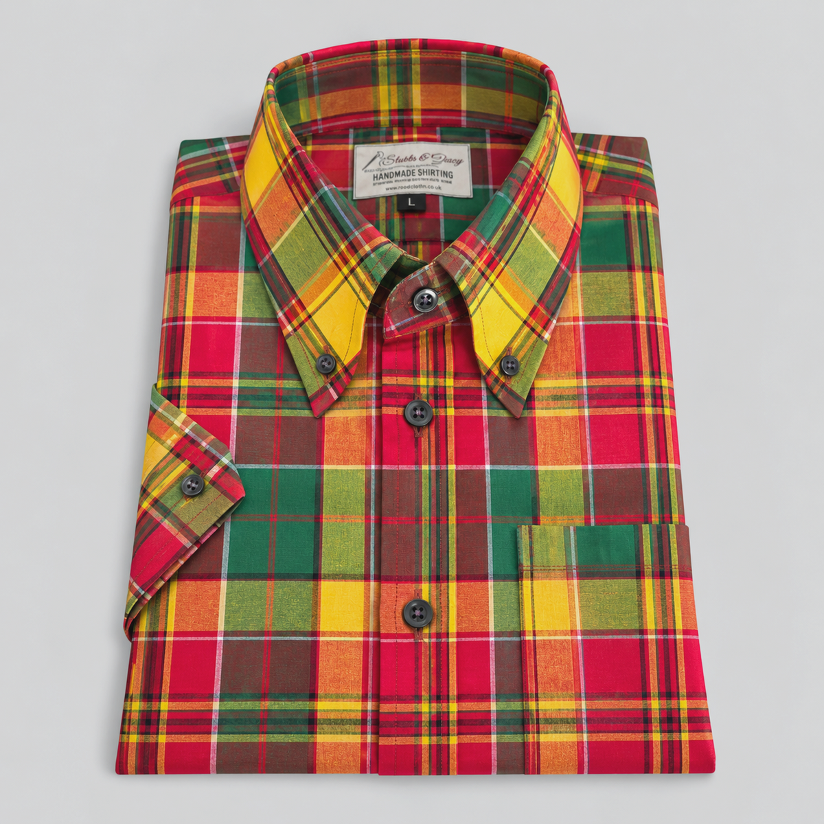 Carnaby red, green, yellow and orange check shirt with elongated button-down collar and dark buttons