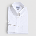 Percy white round collar shirt folded showing full front view with chest pocket and double-button barrel cuff
