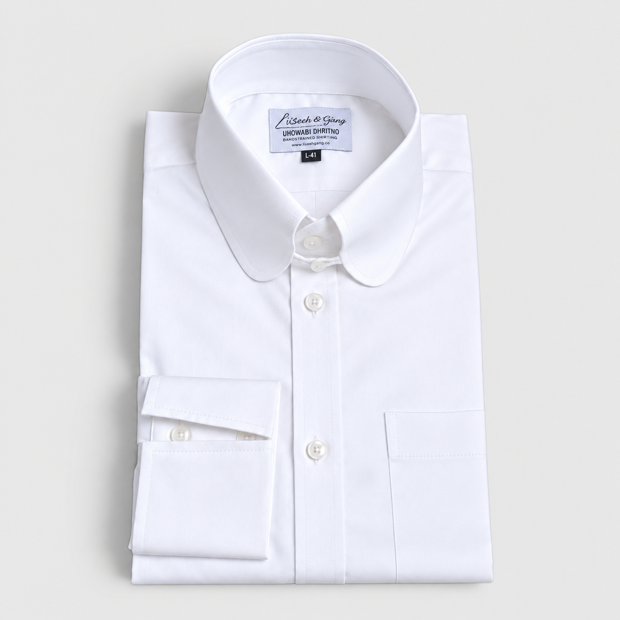 Percy white round collar shirt folded showing full front view with chest pocket and double-button barrel cuff