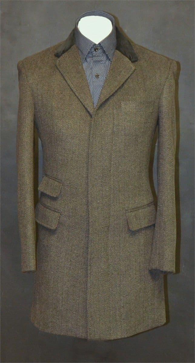 "Flynn" 3/4 Length Check Grey Overcoat With Velvet Collar