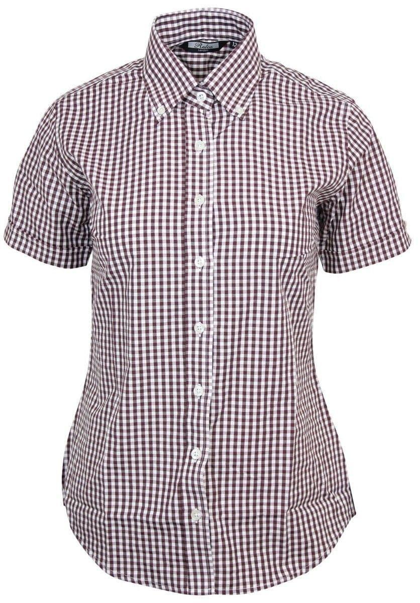 LADIES RELCO BURGUNDY GINGHAM SHORT SLEEVE SHIRT - BurgGING
