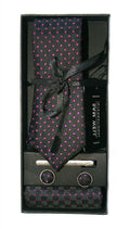 Magenta Dot & Black Embossed Print Tie, Cuff Link & Pocket Square Set