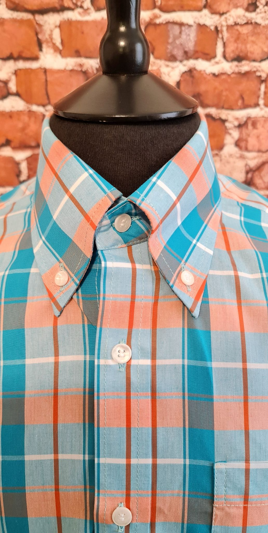"Marlon" Turquiose &  Salmon Large Check Short Sleeve Shirt