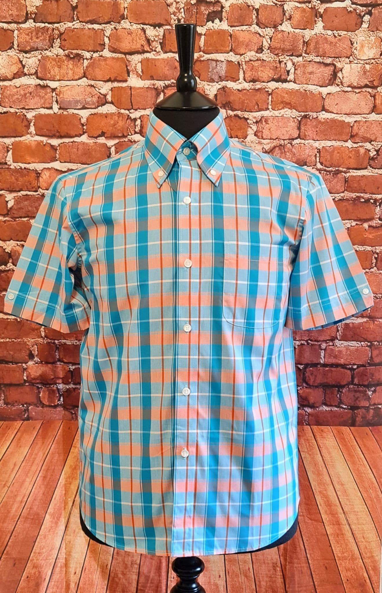 "Marlon" Turquiose &  Salmon Large Check Short Sleeve Shirt