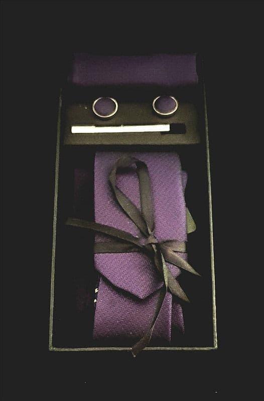 Purple Embossed Print Tie, Cufflink & Pocket Square Set