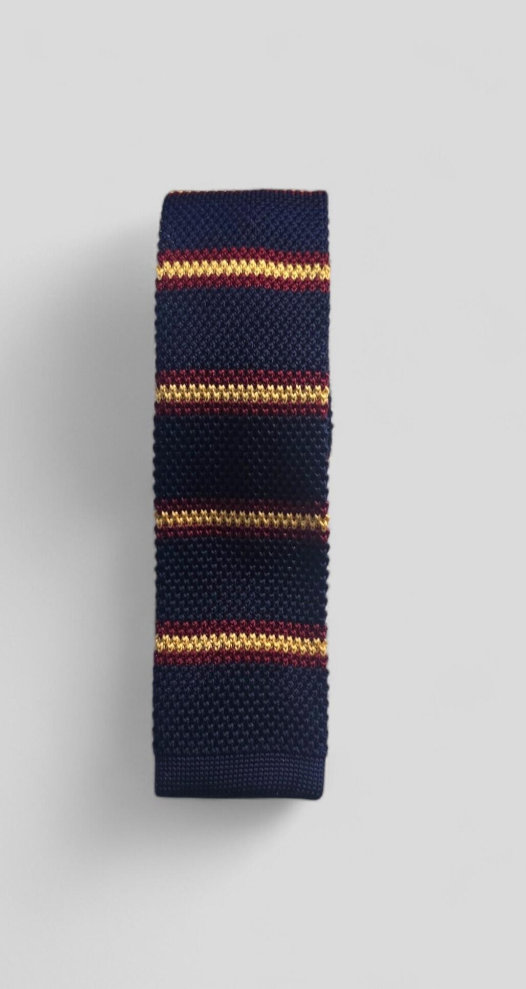 Navy Burgundy & Gold Striped Knitted Tie.