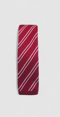 Red Knitted Tie With White Stripe Detail.