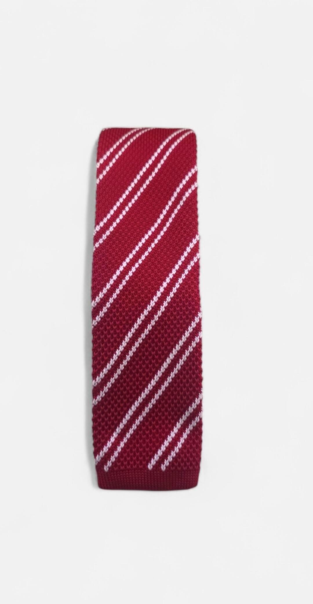 Red Knitted Tie With White Diagonal Detail.