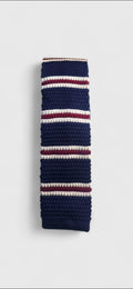 Navy & White Knitted Tie With White & Burgundy Stripe Detail.