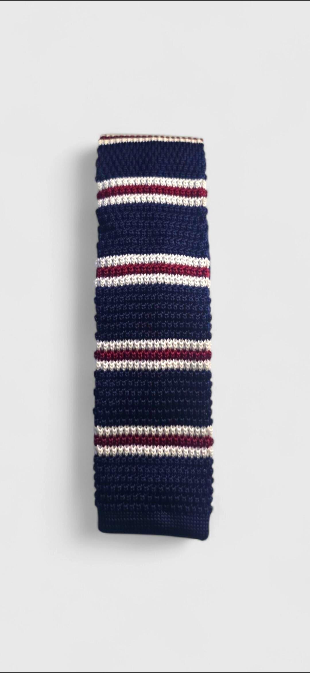 Navy & White Knitted Tie With White & Burgundy Stripe Detail.