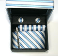 Sky Blue & Cream Striped Tie, Cufflink & Pocket Square Set