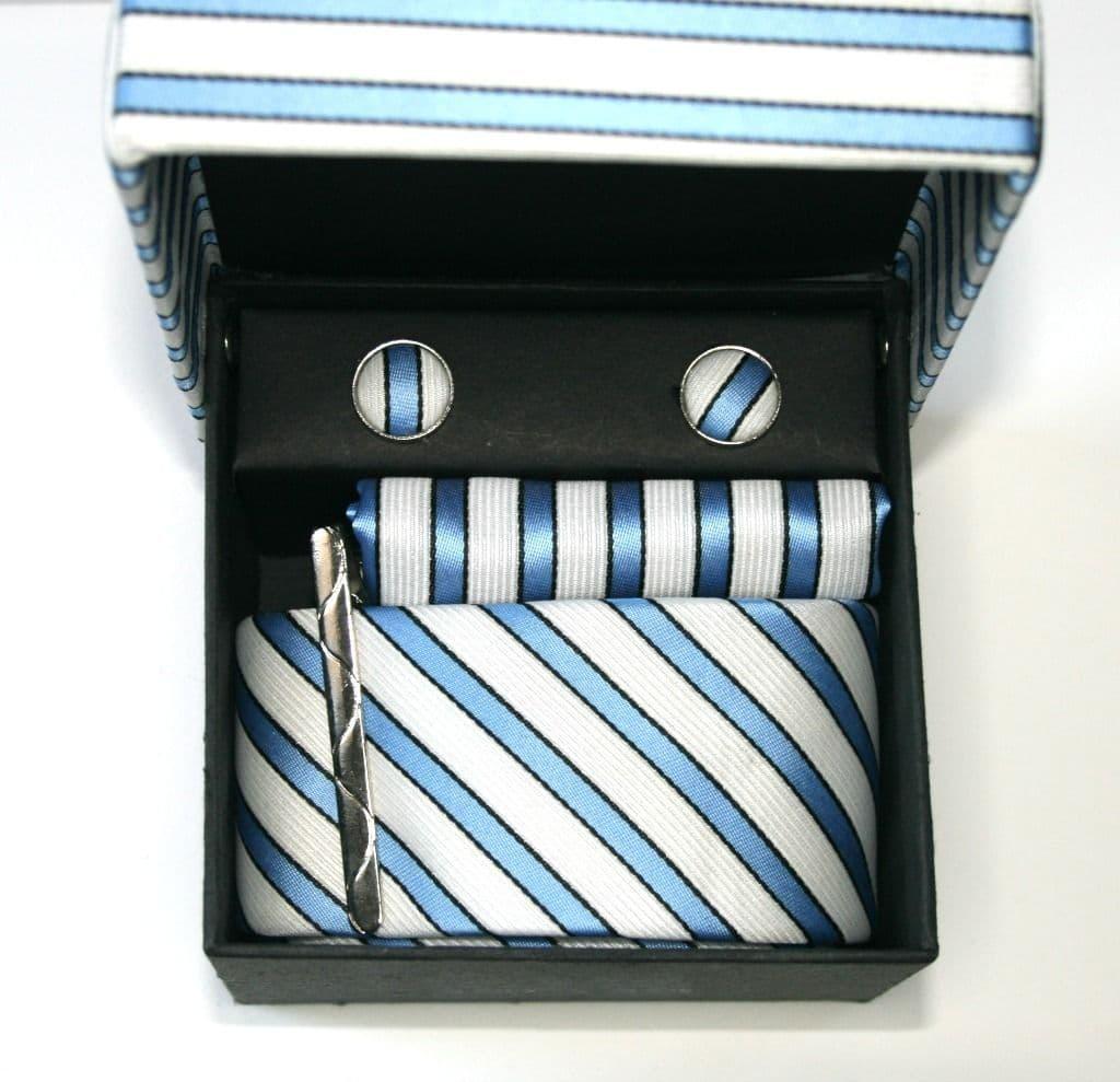 Sky Blue & Cream Striped Tie, Cufflink & Pocket Square Set