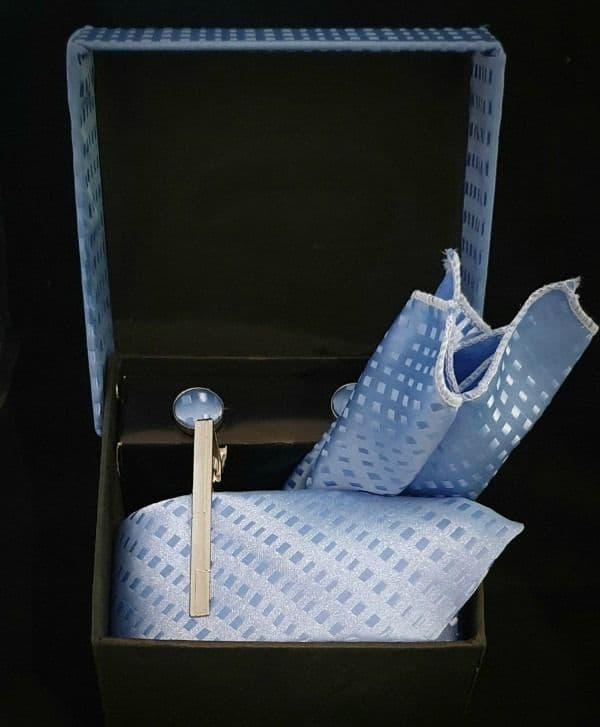 Sky Blue Pattern Tie, Cufflink & Pocket Square Set
